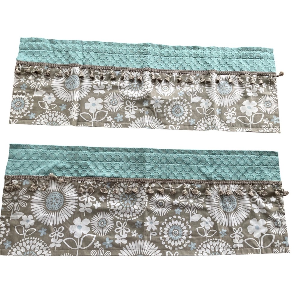 Pair (2) Custom Lined Boho Floral & Aqua Matelasse Beaded Valances 43"